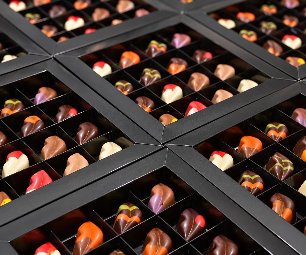Assortiment Helmondjes in zwarte chocoladedozen